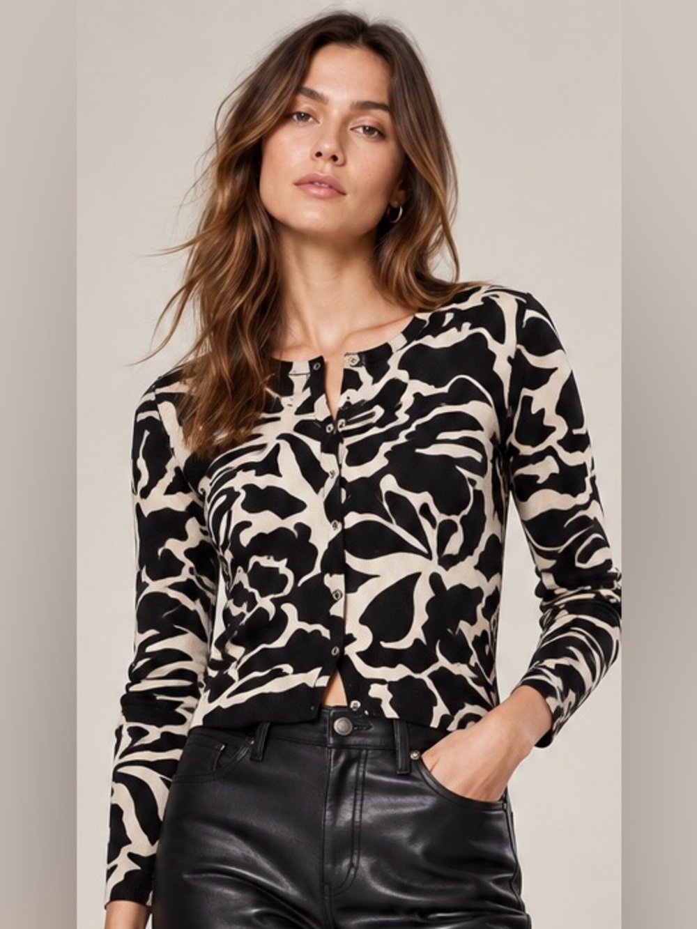 Banana Republic Black Ivory Floral Cotton Cardigan Sweater Size S